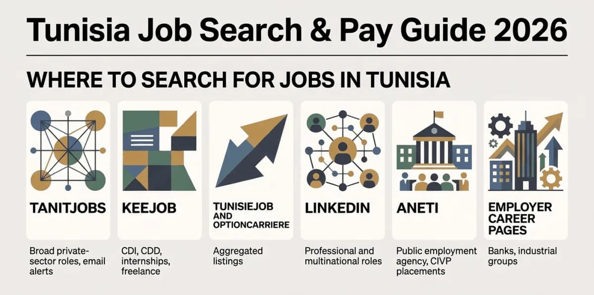 Tempat mencari kerja di Tunisia: Tanitjobs, Keejob, TunisieJob, OptionCarriere, LinkedIn, ANETI, dan halaman karier pemberi kerja