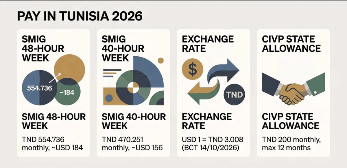 Tunisia 2026: SMIG TND 554.736 per bulan pada rezim 48 jam dan TND 470.251 pada rezim 40 jam