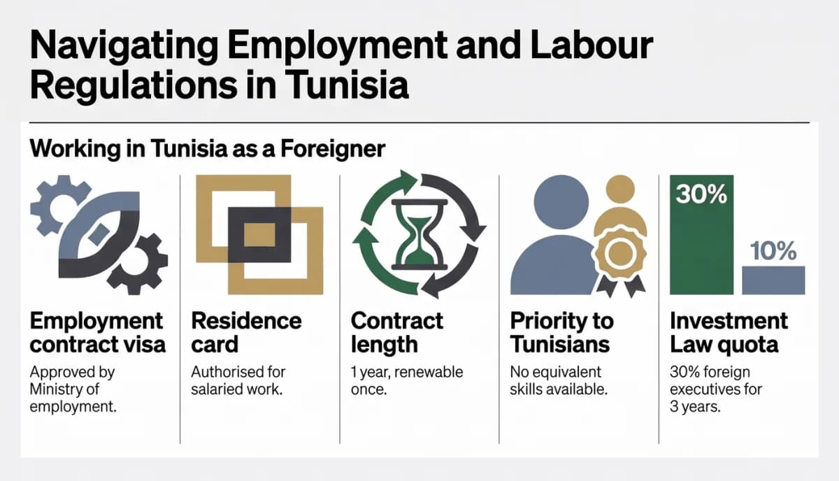 Izin kerja bagi orang asing di Tunisia: kontrak kerja yang divisa oleh menteri ketenagakerjaan, kartu residensi dengan keterangan bekerja, kontrak satu tahun yang dapat diperpanjang sekali