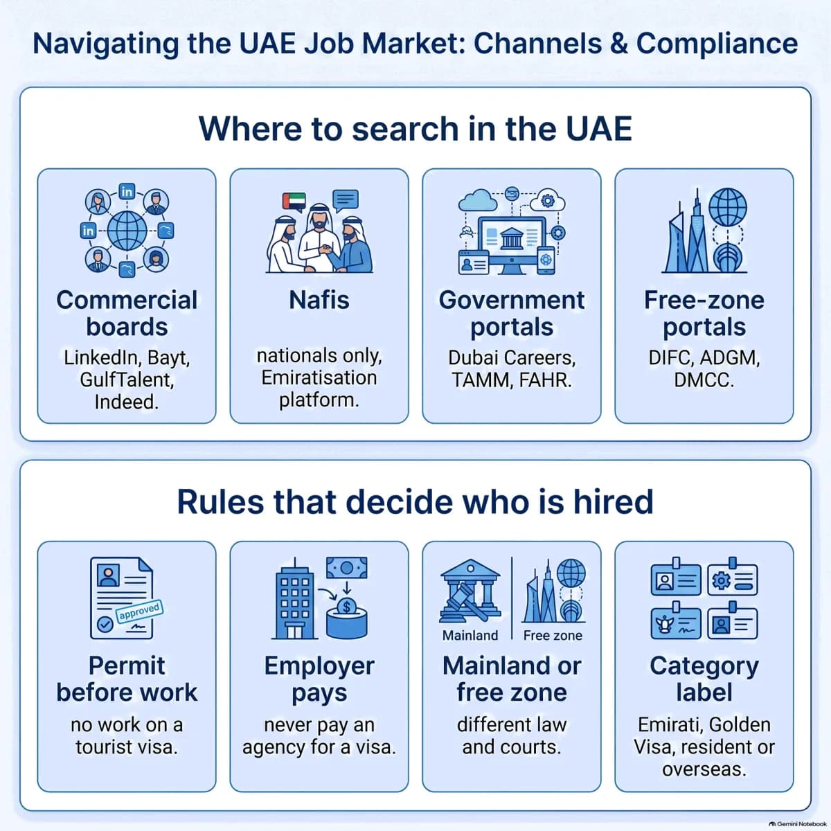 UAE job-search channels: commercial boards, the Nafis national platform, emirate government portals, and free-zone systems