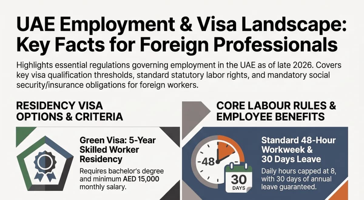 วีซ่าและกฎการทำงานใน UAE: Green Visa 5 ปีต้องมีปริญญาตรีและรายได้ AED 15,000 ต่อเดือน ทำงานวันละ 8 ชั่วโมง สัปดาห์ละ 48 ชั่วโมง และลาพักร้อน 30 วัน