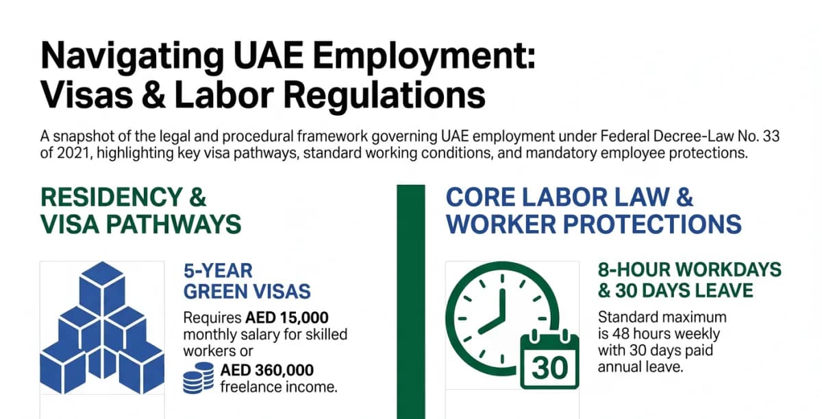 เส้นทางวีซ่าและกฎหมายแรงงาน UAE ตามพระราชกฤษฎีกาแห่งสหพันธ์ฉบับที่ 33 ปี 2021: Green Visa เงินเดือน AED 15,000 หรือรายได้ฟรีแลนซ์ AED 360,000 ทำงานวันละ 8 ชั่วโมง สัปดาห์ละ 48 ชั่วโมง และลาพักร้อนแบบได้รับค่าจ้าง 30 วัน