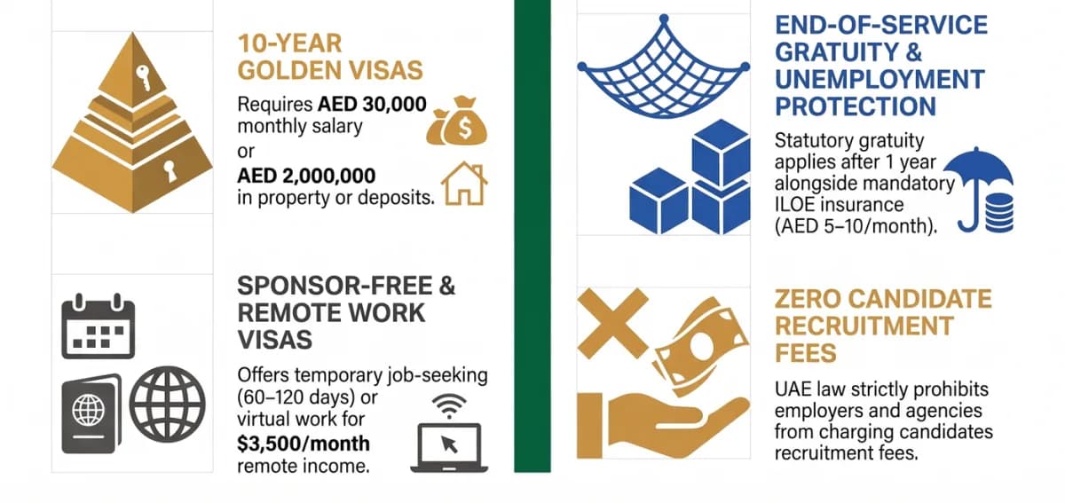 Golden Visa วีซ่าหางานและวีซ่าทำงานทางไกล (USD 3,500 ต่อเดือน) เงินชดเชยหลังทำงานครบหนึ่งปีพร้อมประกัน ILOE และข้อห้ามเรียกเก็บค่าธรรมเนียมการจัดหางานจากผู้สมัคร