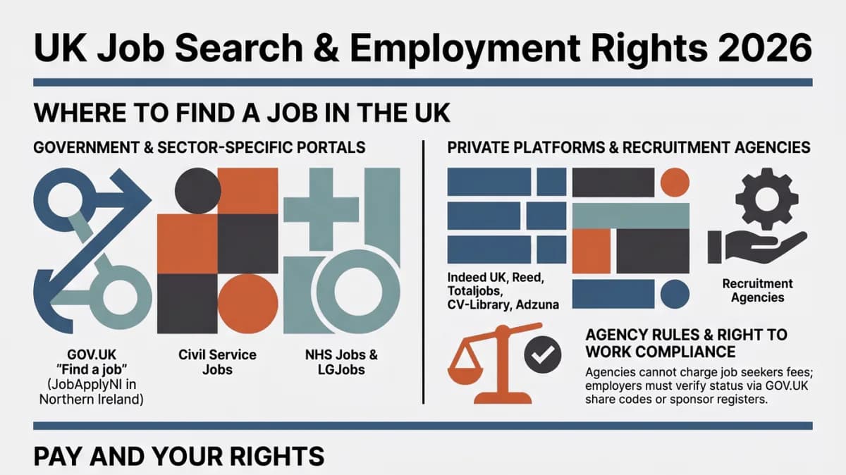 แหล่งหางานในสหราชอาณาจักร: GOV.UK Find a job (JobApplyNI ในไอร์แลนด์เหนือ), Civil Service Jobs, NHS Jobs และ LGJobs; Indeed UK, Reed, Totaljobs, CV-Library และ Adzuna; เอเจนซีจัดหางานซึ่งเก็บค่าธรรมเนียมจากผู้หางานไม่ได้; การตรวจสอบสิทธิ์ในการทำงาน