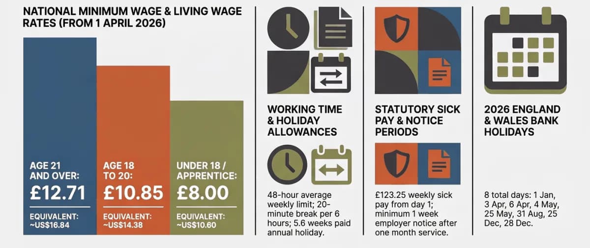 อัตราค่าจ้างขั้นต่ำของสหราชอาณาจักรตั้งแต่เดือนเมษายน 2026: £12.71 สำหรับอายุ 21 ปีขึ้นไป £10.85 สำหรับอายุ 18 ถึง 20 ปี £8.00 สำหรับอายุต่ำกว่า 18 ปีและผู้ฝึกงานแบบ apprentice พร้อมค่าเทียบเท่าเป็นดอลลาร์สหรัฐ