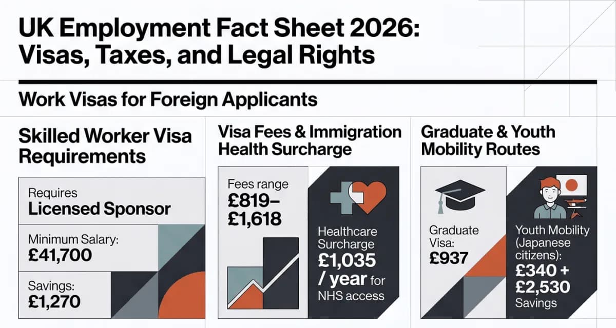 วีซ่าทำงานสหราชอาณาจักร 2026: Skilled Worker ต้องมีผู้สนับสนุนที่ได้รับใบอนุญาต เงินเดือนอย่างน้อย £41,700 และเงินออม £1,270; ค่าธรรมเนียมวีซ่า £819 ถึง £1,618 บวกค่าธรรมเนียมบริการสุขภาพผู้อพยพ £1,035 ต่อปี; วีซ่า Graduate £937; Youth Mobility Scheme สำหรับพลเมืองญี่ปุ่น £340 บวกเงินออม £2,530