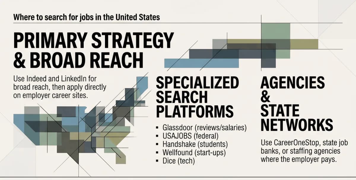 แหล่งหางานในสหรัฐอเมริกา: Indeed, LinkedIn, USAJOBS, ศูนย์จัดหางานของมลรัฐ, Handshake, Dice และบริษัทจัดหางาน