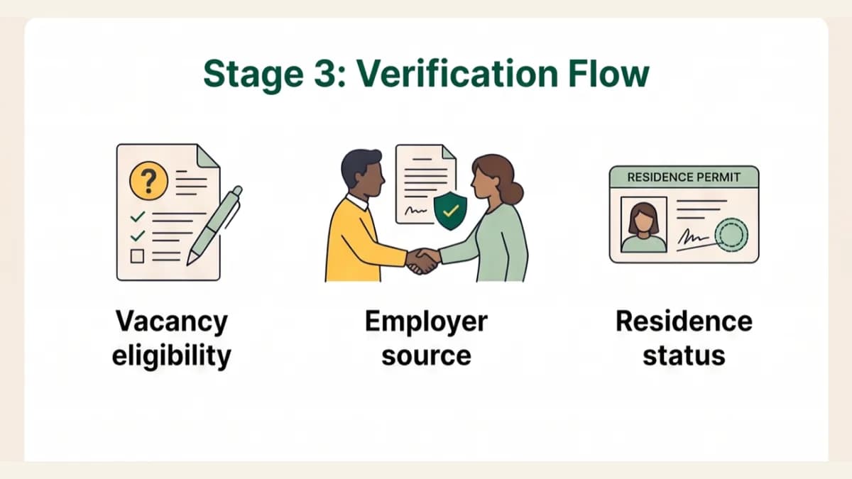 Verification flow for Uruguay vacancies: check vacancy eligibility, the employer source and residence status