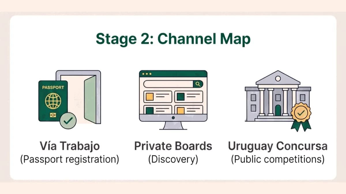 Uruguay job-search channel map showing Vía Trabajo, private boards and Uruguay Concursa