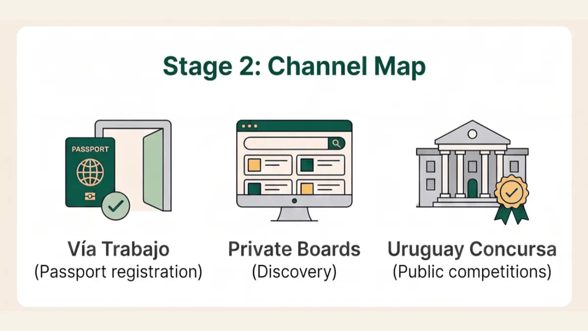 แผนที่ช่องทางหางานในอุรุกวัยแสดง Vía Trabajo เว็บเอกชน และ Uruguay Concursa
