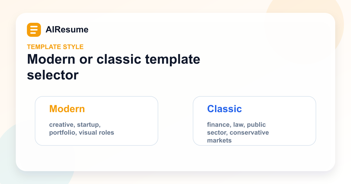 Modern or classic CV template selector