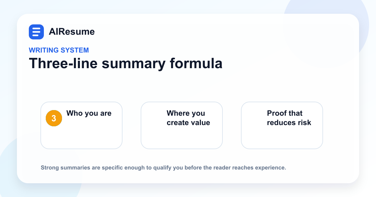Three-line professional summary formula